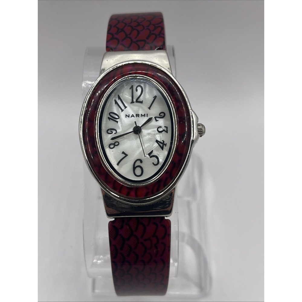 Narmi Women's Quartz Watch Pearlized Dial Red Bangle Band- New Battery